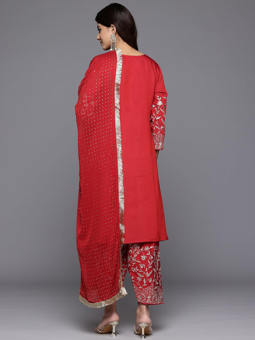 Varanga Women Red Zari Embroidered A-Line Kurta Paired With Tonal Salwar And Dupatta