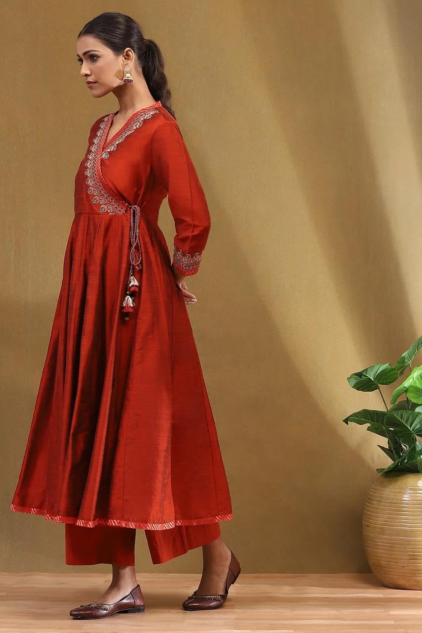ANNI DESIGNER Womens Rayon Blend Embroidered Anarkali Kurta with Pant & Dupatta (Sumona Maroon_M_Maroon_Medium)