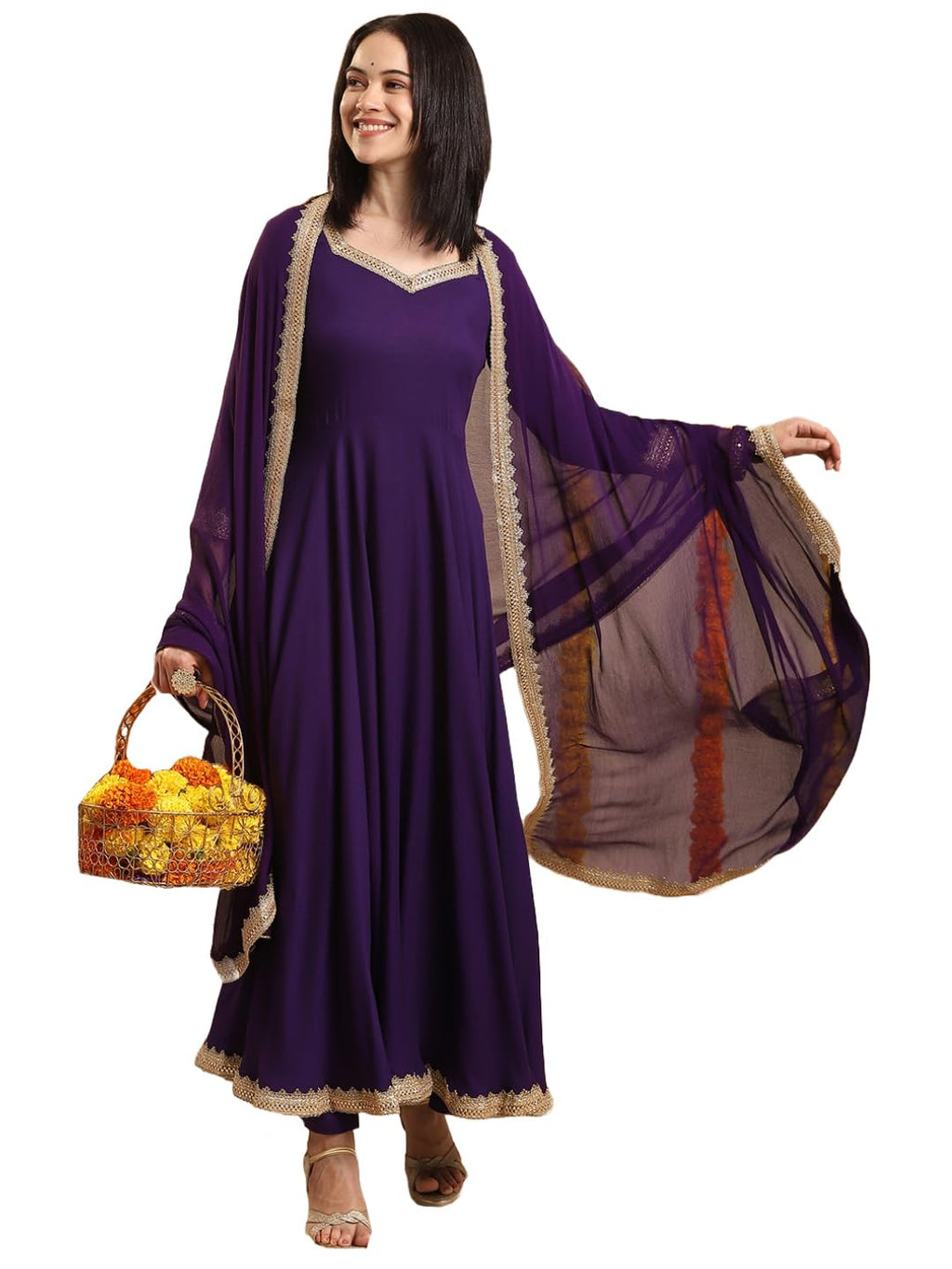 ANNI DESIGNER Womens Rayon Blend Anarkali Solid Kurta with Pant & Dupatta (Shyam BEGANI-VKS02_XL_Begani_X-Large)