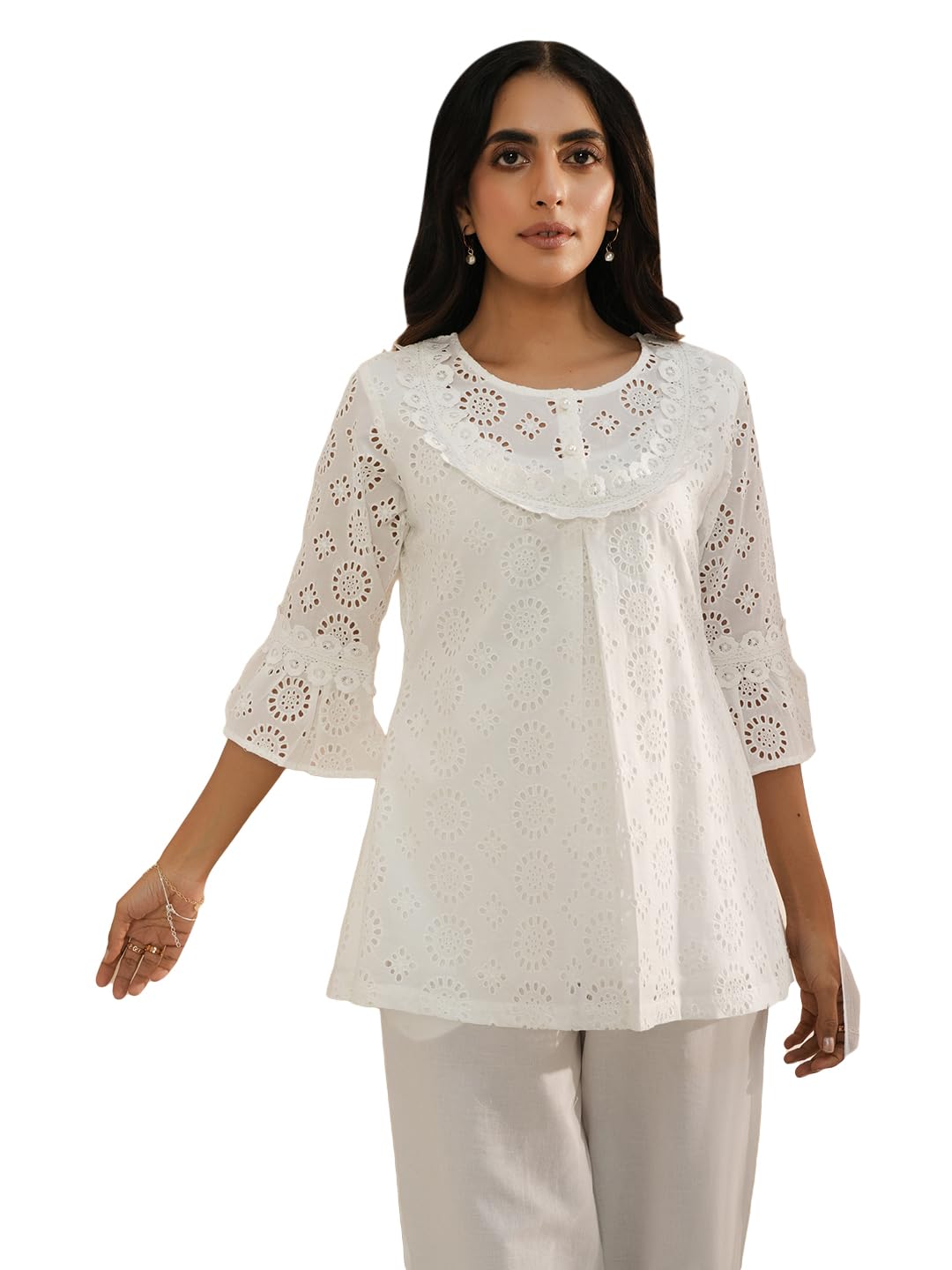 Libas Womens Embroidered Cotton A-Line Kurti For Women White