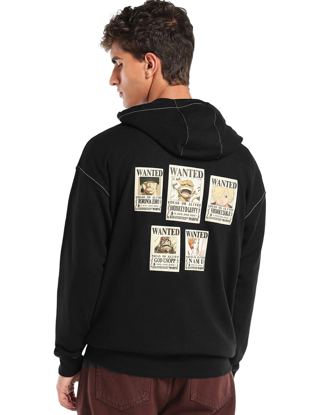 Bewakoof Official One Piece Merchandise Straw Hat Pirates Mens Applique Oversized Fit Full Sleeve Terry Hoodies_682749_Black_S