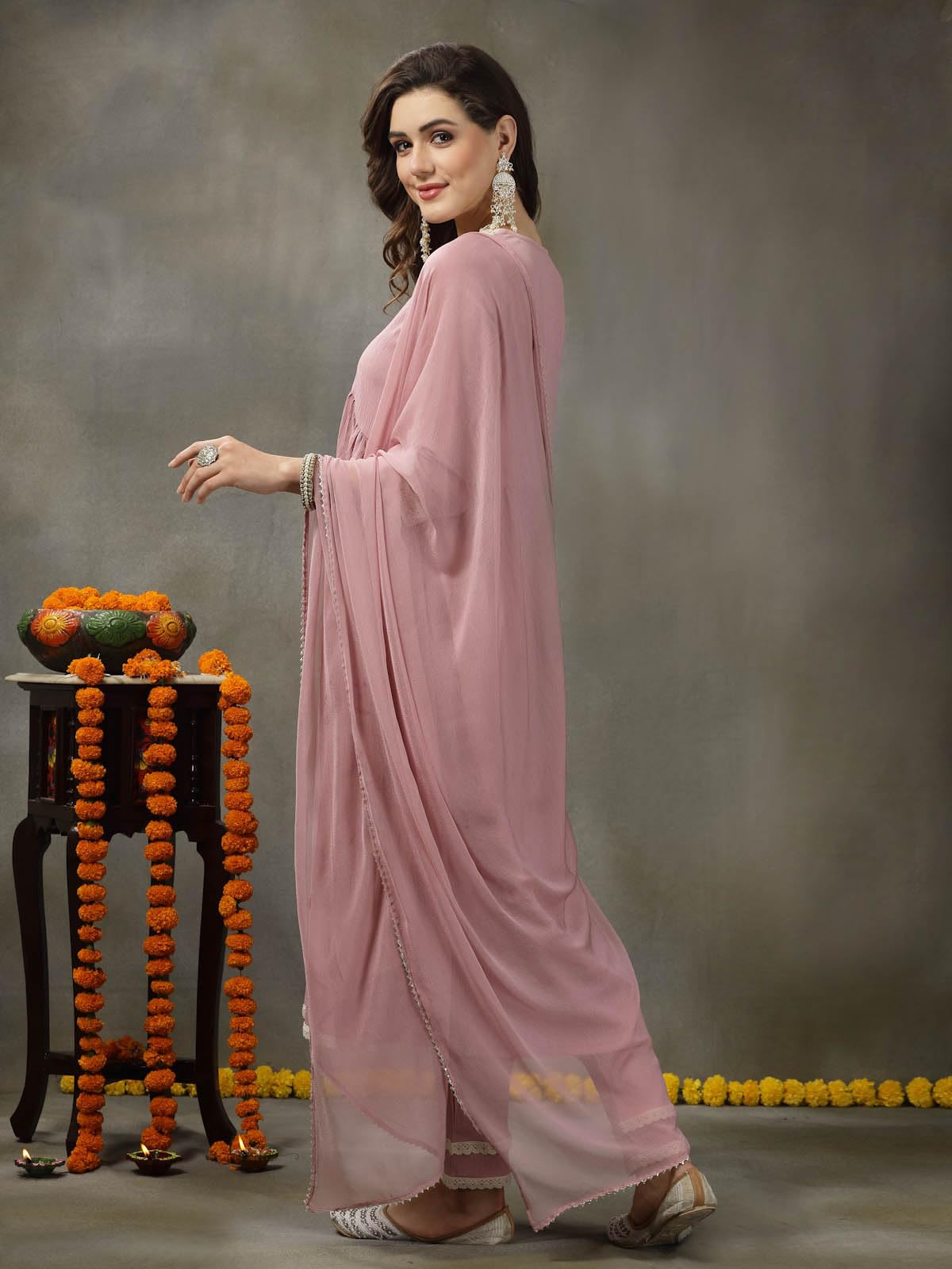 Stylum WomenS Solid Crepe Naira Cut Kurta Pant & Dupatta Set