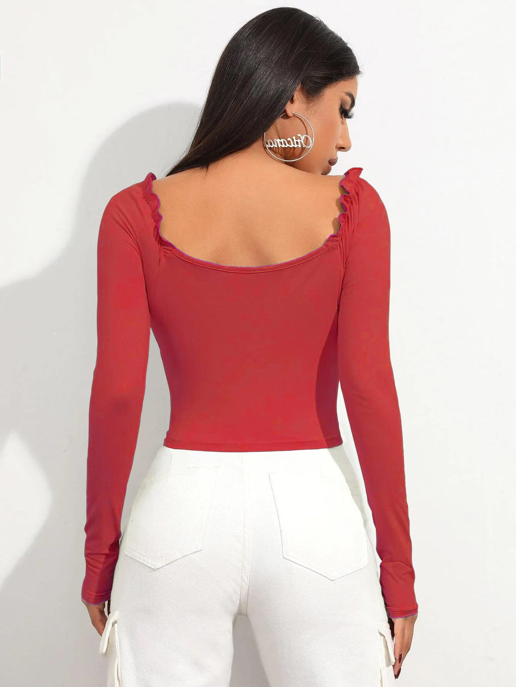 Shasmi Womens & Girls Red Full Sleeve, Sweat Hear Neck, Frill Trim Ruched Crop Top for Womens, Tops, T-Shirts for Girls (Top