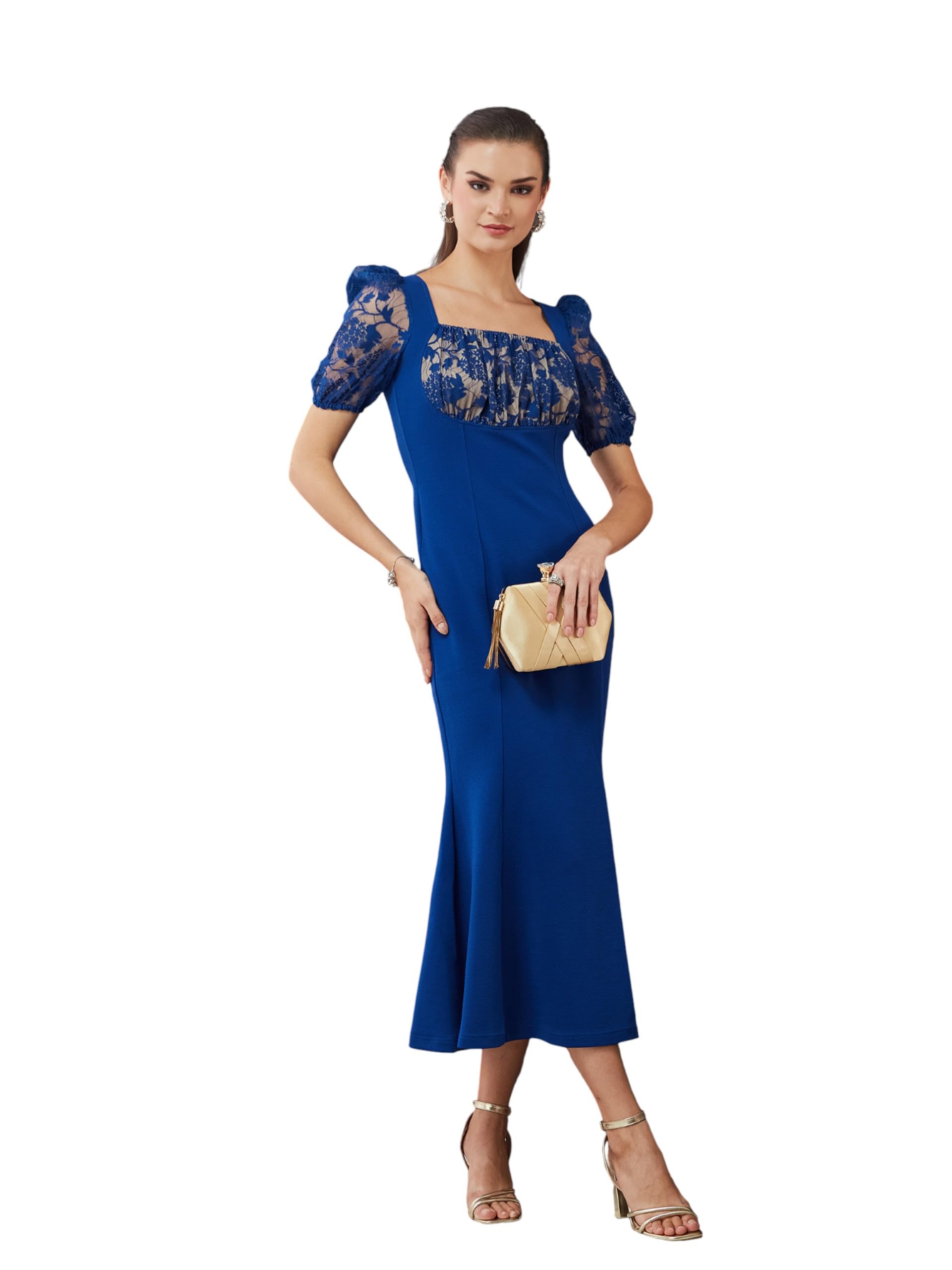 Miss Chase Womens Square Neck Puff Sleeve Self Design Lace Overlaid Ankle Length Dress (MCSS22D13-48-229-06, Royal Blue, XL)