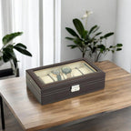 TIMELYBUYS 12 Piece Chocolate Brown Leatherette Men's Watch Box Display Case Collection Jewelry Box Storage Glass Top Father's D