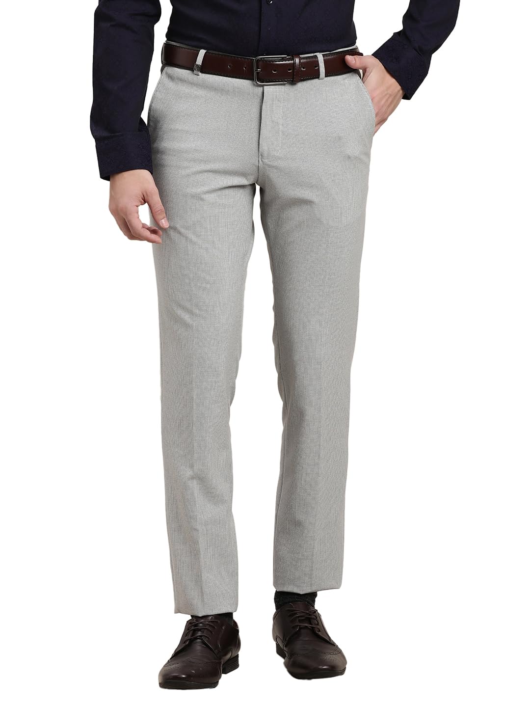 Turtle Men Blue Slim Fit Dobby Flat Front Cotton Stretch Formal Trouser