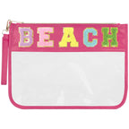 Burskit Beach Bag,Sunscreen Bag, Chenille Letter Clear Zipper Pouch for Travel Preppy Patch Makeup Bag-Nylon Cosmetic Preppy Mak