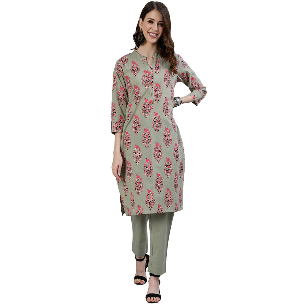 Ishin Women'S Pure Cotton Straight Printed Ethnic Motifs Print Green Kurta Suit Set With Trouser Kprzo-15006_S_Green