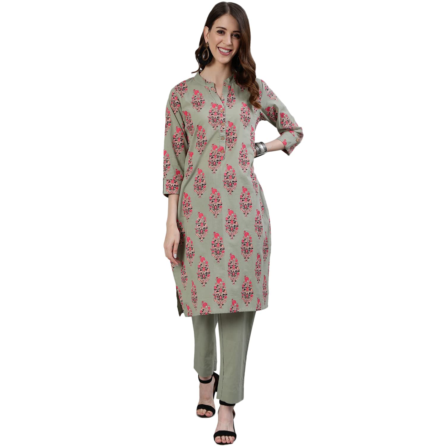 Ishin Women'S Pure Cotton Straight Printed Ethnic Motifs Print Green Kurta Suit Set With Trouser Kprzo-15006_S_Green