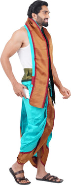 Prakasam Cotton Mens Asha Silk Panchakacham Ready To Wear Dhoti Towel Set With Pocket/Panchakacham Dhoti With Angavastram (Stitc