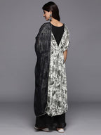 Varanga Women Off-White And Black Floral Printed Pure Silk Chinon, Embroidered V-Neck Aliya Cut Extended Sleeve Kurta Paired With Bottom And Dupatta