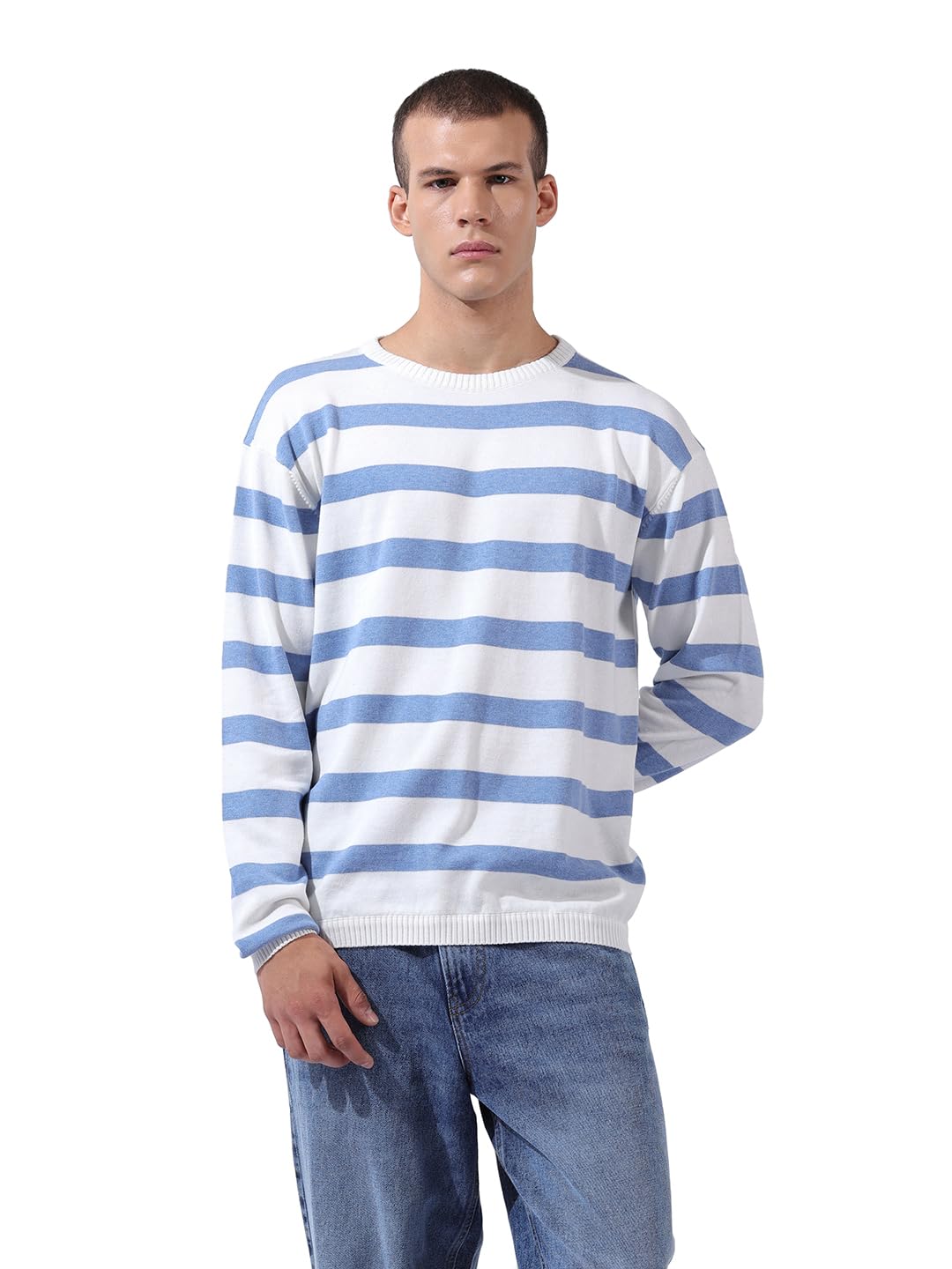 The Indian Garage Co Mens Oversized Textured Flatknit Full Sleeves Crew Neck Sweater