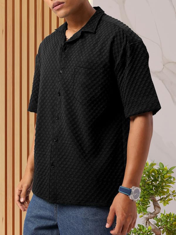 Tee Projekt Mens Regular Fit Popcorn Shirt Half Sleeve Spraed Collar Shirt Black
