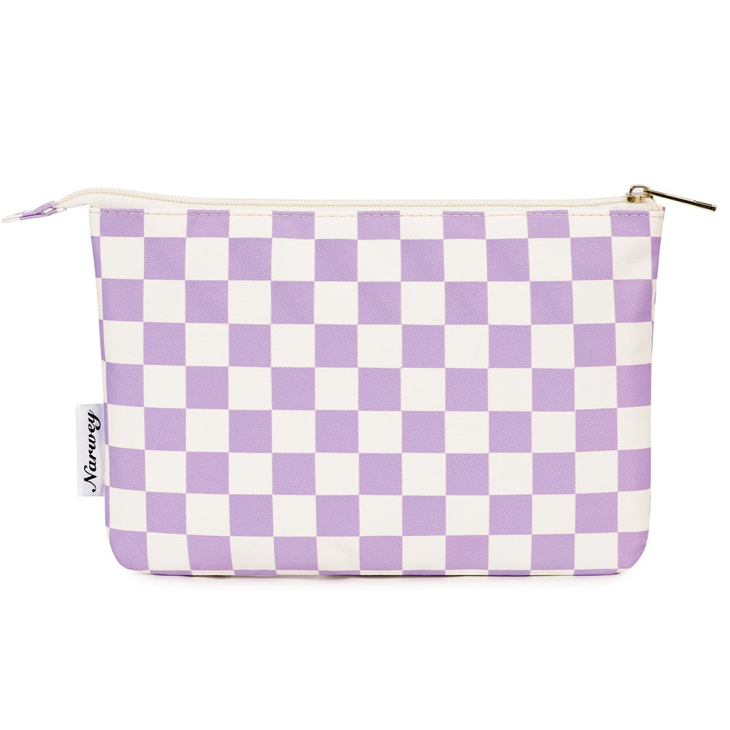 Narwey Small Makeup Bag for Purse Travel Makeup Pouch Cosmetic Bag Zipper Pouch Bags for Women (Purple Checkerboard)
