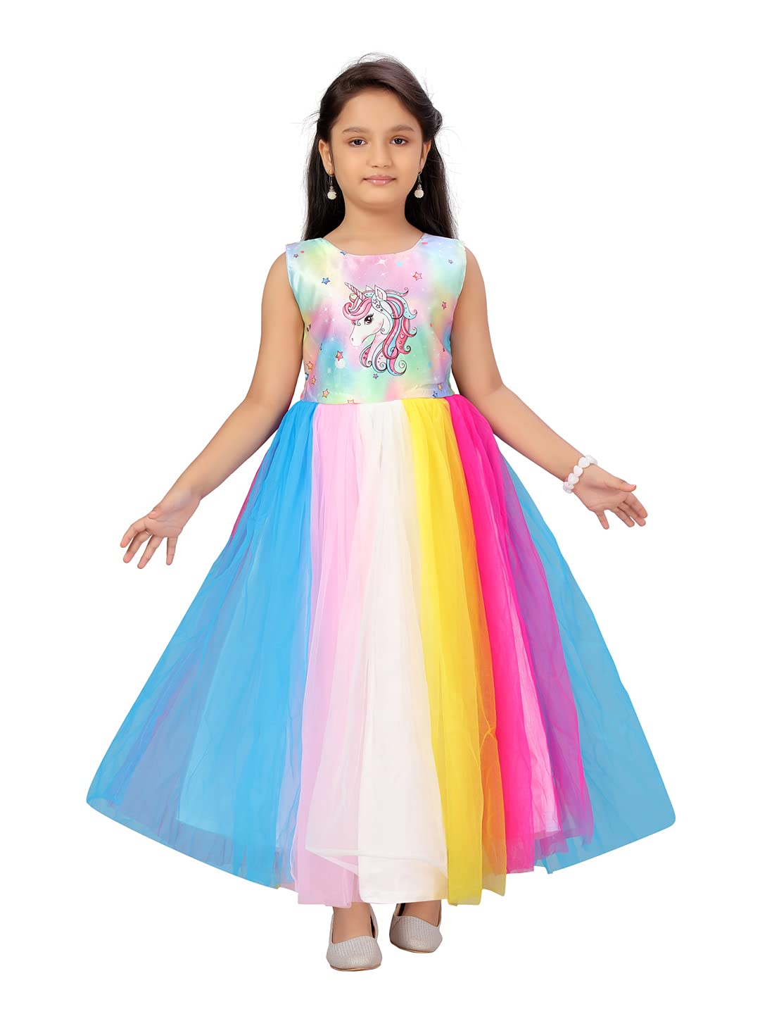 Aarika Girls Net A-Line Maxi Dress (G-1632_Multi_22) Multicolour