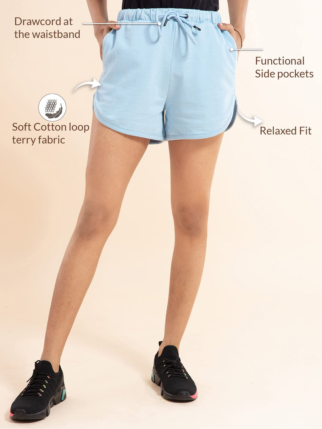 Nykd (Nyk039 Relaxed Fit Terry Cotton Shorts For Women | Soft & Comfy Shorts With Drawcord Waistband & 2 Side Pockets | Ideal Fo