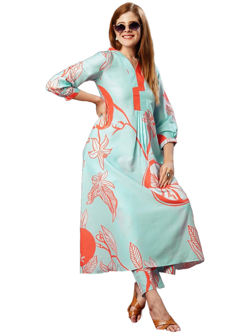 ANNI DESIGNER Womens Cotton Blend Anarkali Printed Kurta with Pant (Santra Orange-JL_S_Orange_Small)