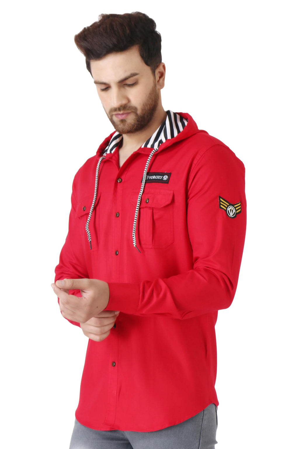 Besix MenS Red Tailored Fit Cotton Blend Shirt For Man With Hoodie - Casual Long Sleeve Shirt With Pockets - Patch Detail For S