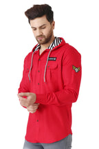 Besix MenS Red Tailored Fit Cotton Blend Shirt For Man With Hoodie - Casual Long Sleeve Shirt With Pockets - Patch Detail For S