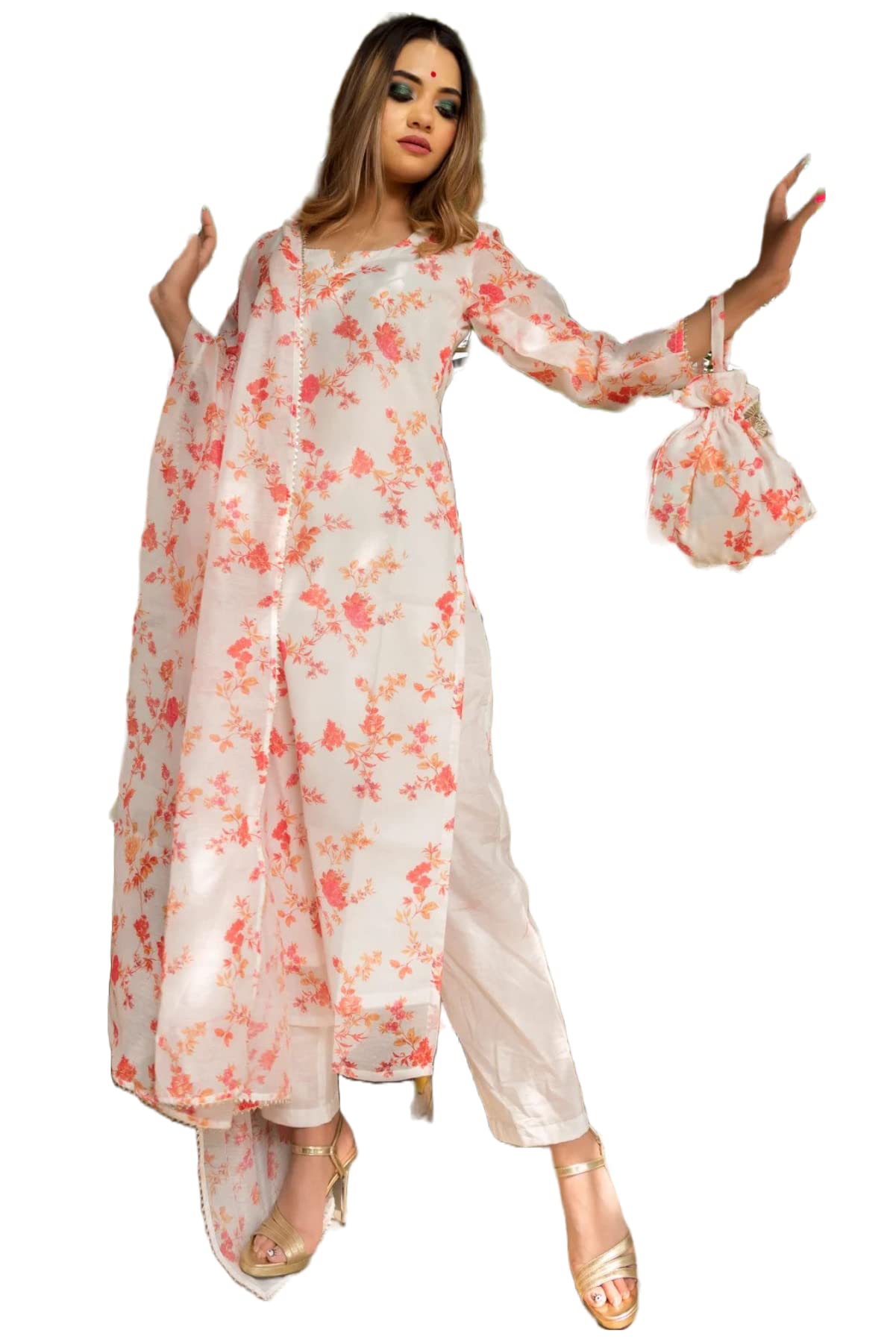 ANNI DESIGNER Womens Chanderi Floral Printed Straight Kurta with Pants & Dupatta (JAKHANI-Multi_XL_White_X-Large)