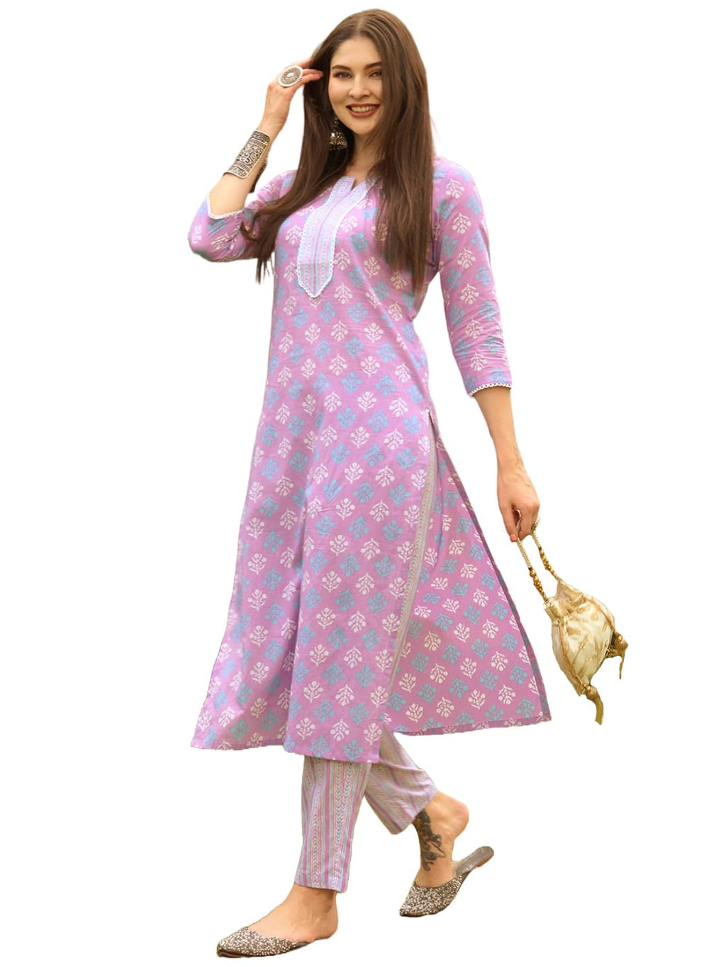 ANNI DESIGNER Women's Cotton Blend Straight Printed Kurta with Pant (Nede-Purple_S_Purple_Small)