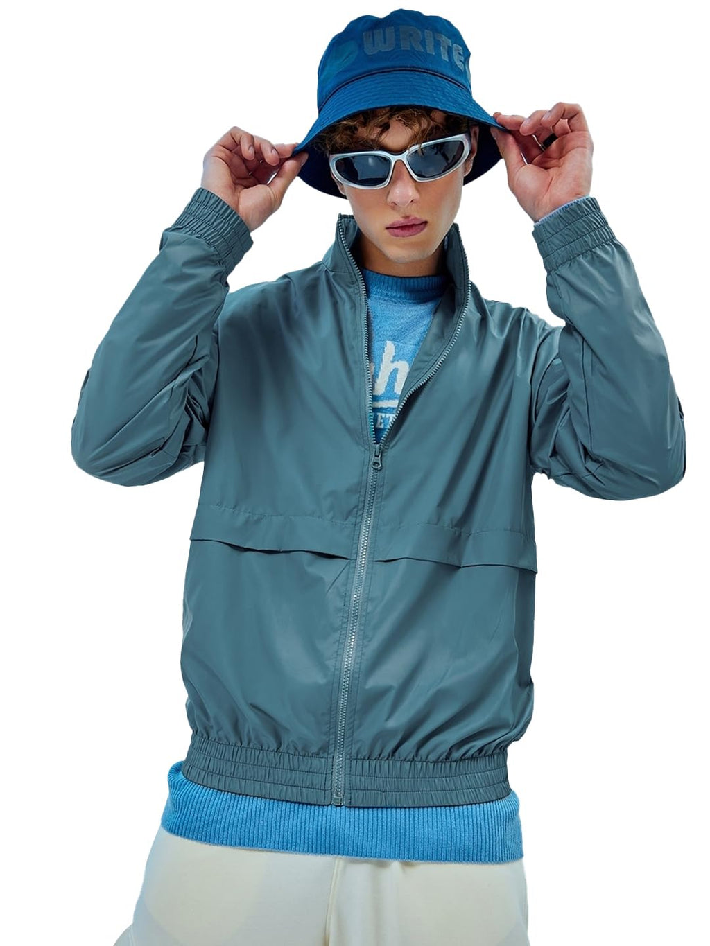 Bewakoof Air 1.0 Mens Solid Oversized Fit Full Sleeve Collared Neck Nylon Windcheater Jacket_ 596377 Blue XL
