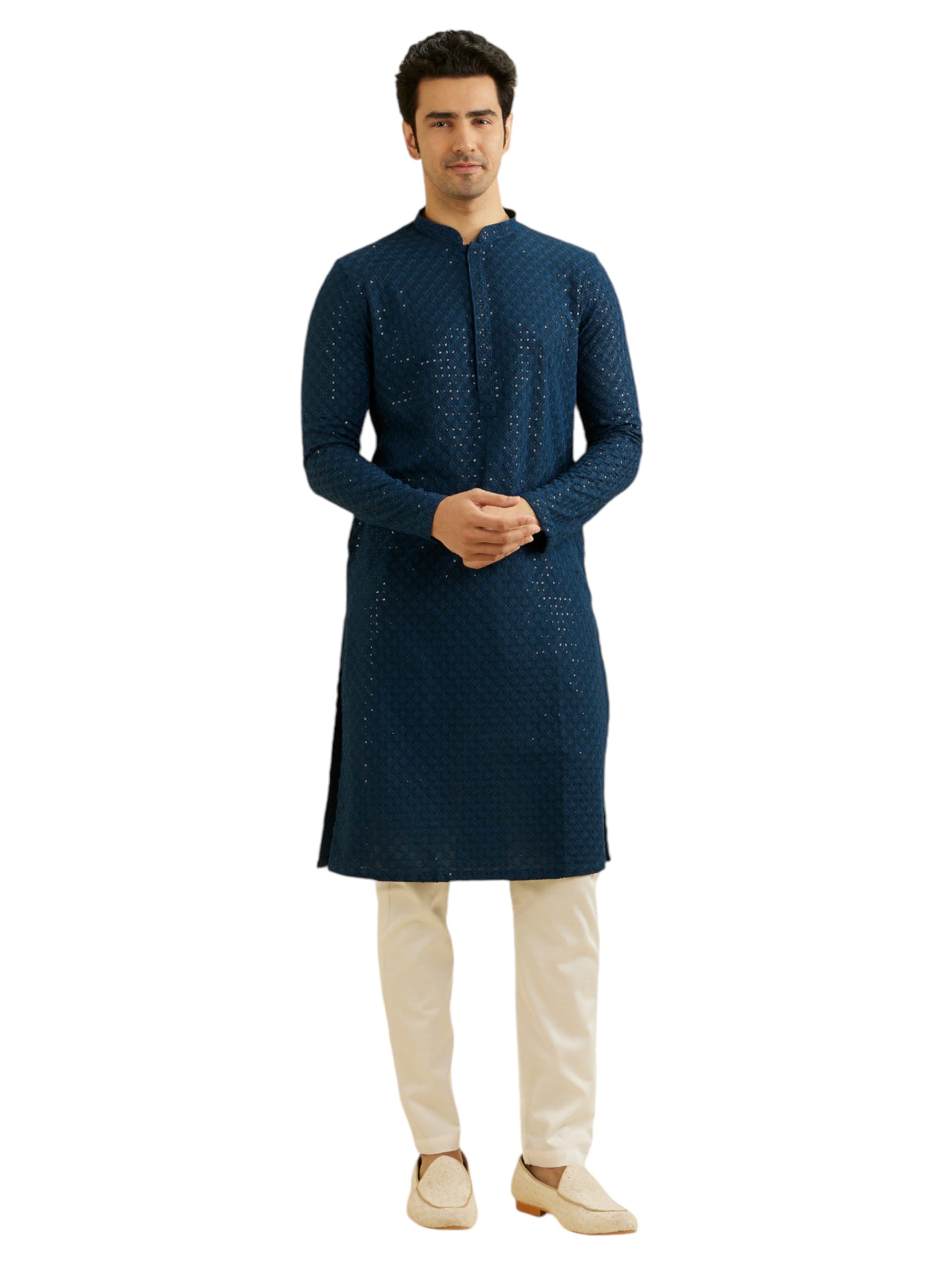 Manyavar Mens Viscose Chikankari | Sequins Work Kurta Set (Blue,XL)