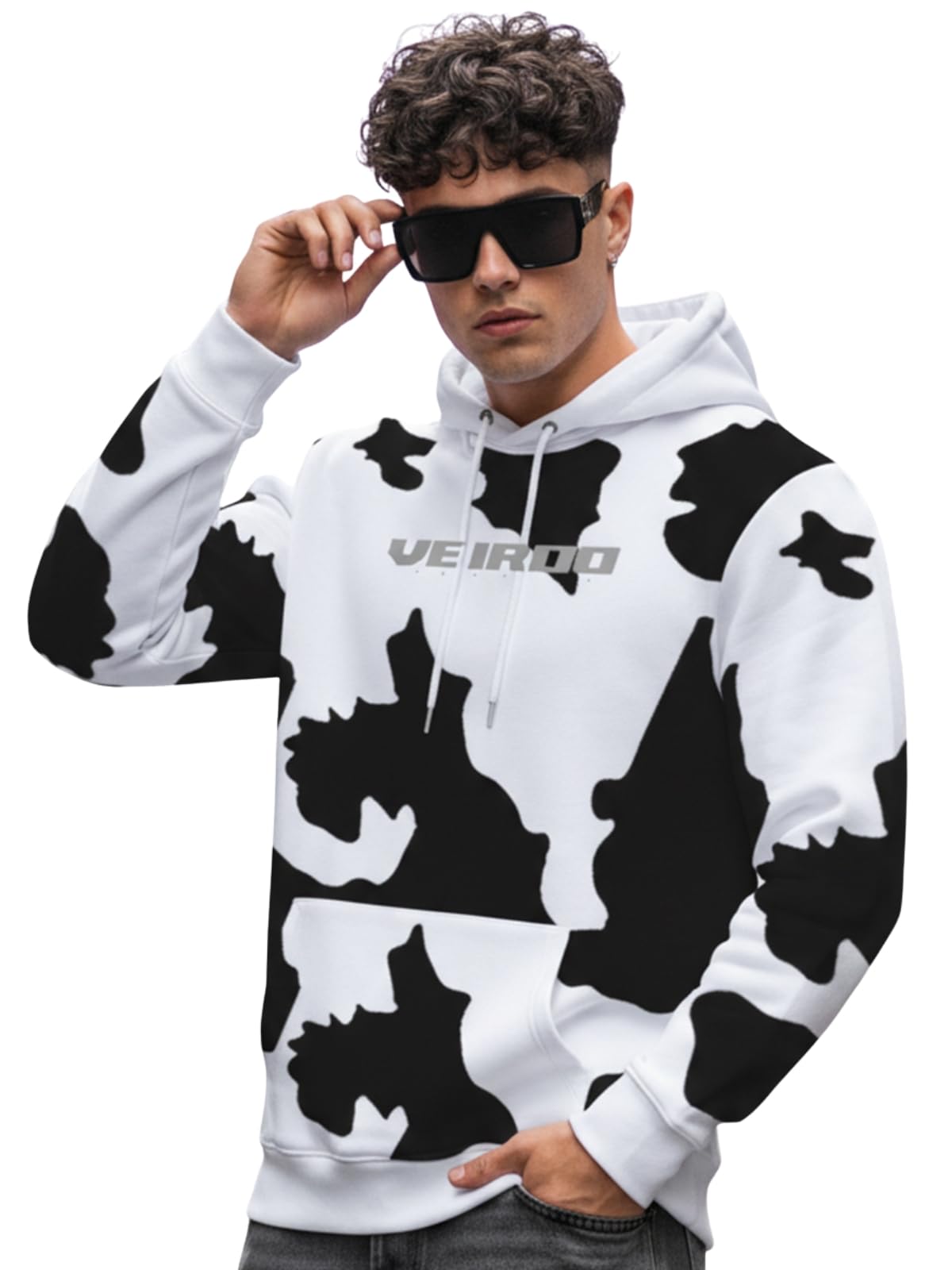 Veirdo Men's Cotton Fleece Regular Fit Hoodie All Over Printed Animal Cow Printed Hoodie Whi
