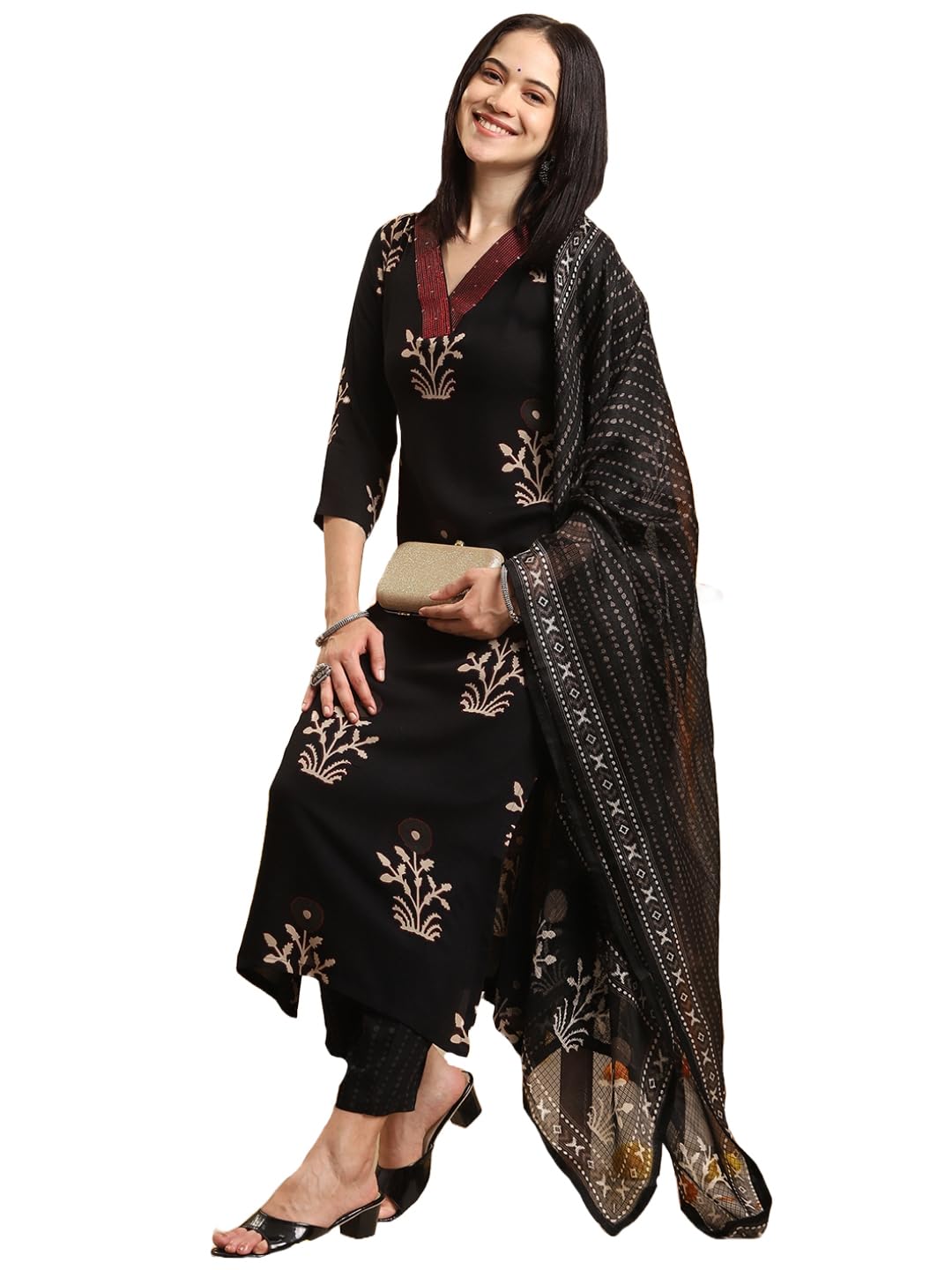 ANNI DESIGNER Womens Rayon Blend Straight Printed Kurta with Pant & Dupatta (Jimny Black-VKS02_S_Black_Small)