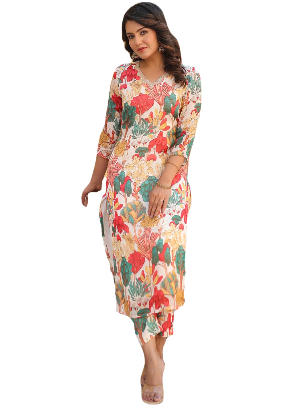 ANNI DESIGNER Womens Rayon Blend Straight Fit Printed Kurta with Pant (Samlok White_XXL_White_XX-Large)