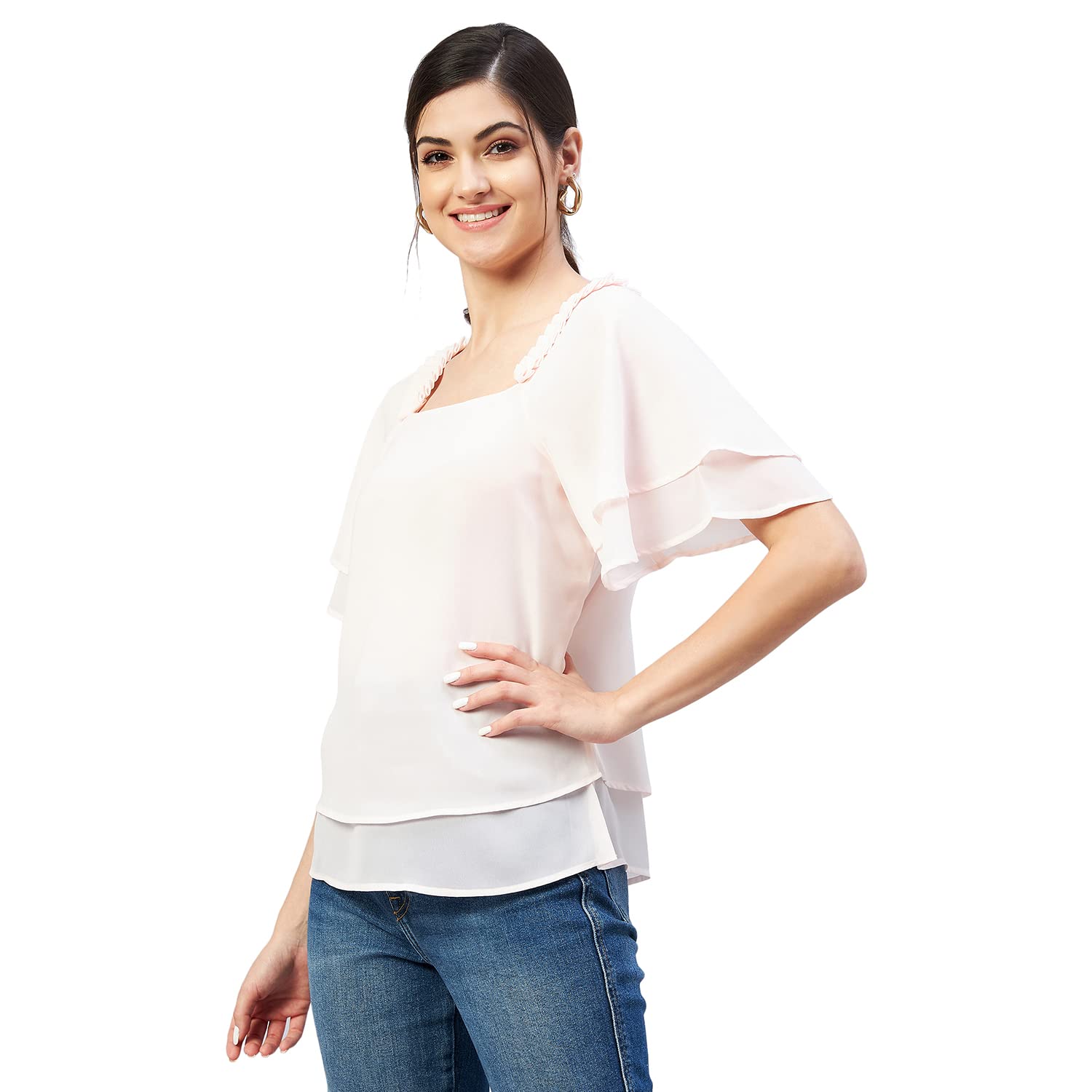 Rare Women Casual Light Pink Colour Square Neck Solid Regular Top