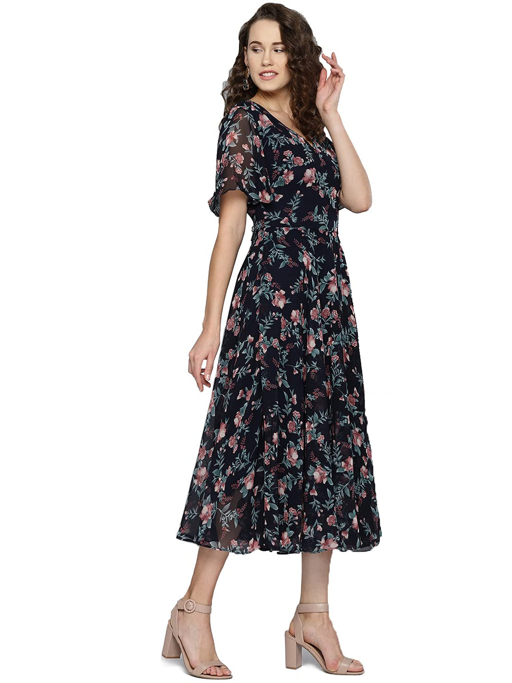 Rare London Women Georgette Fit And Flare Midi Casual Dress (Ep6006_Navy Blue)