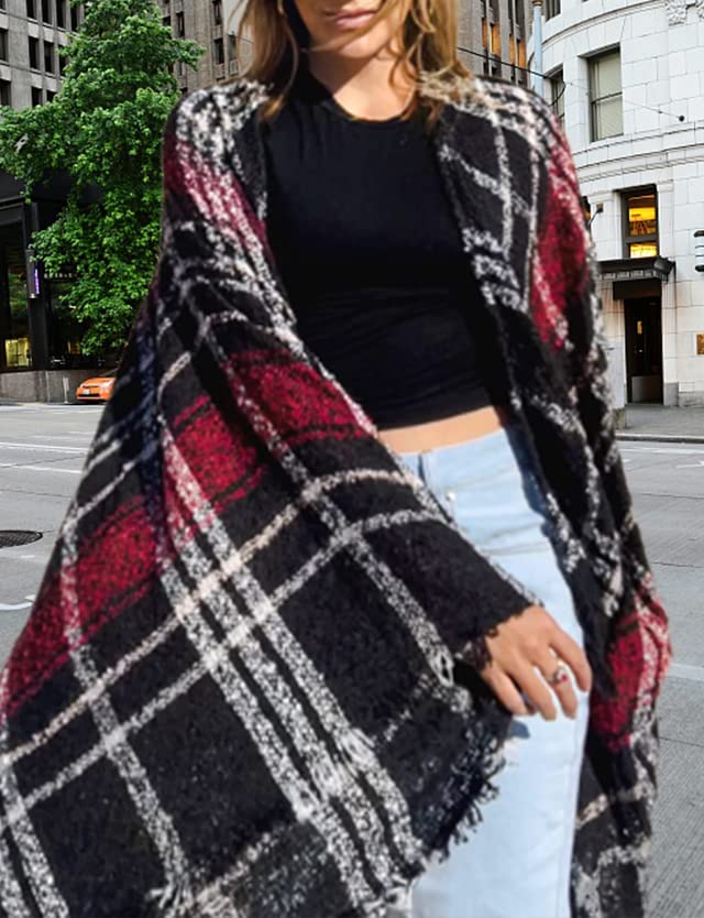 Bestshe Women's Boho Open Front Poncho Knitted Plaid Shawl Wrap Cape Tassel Cardigan Sweater