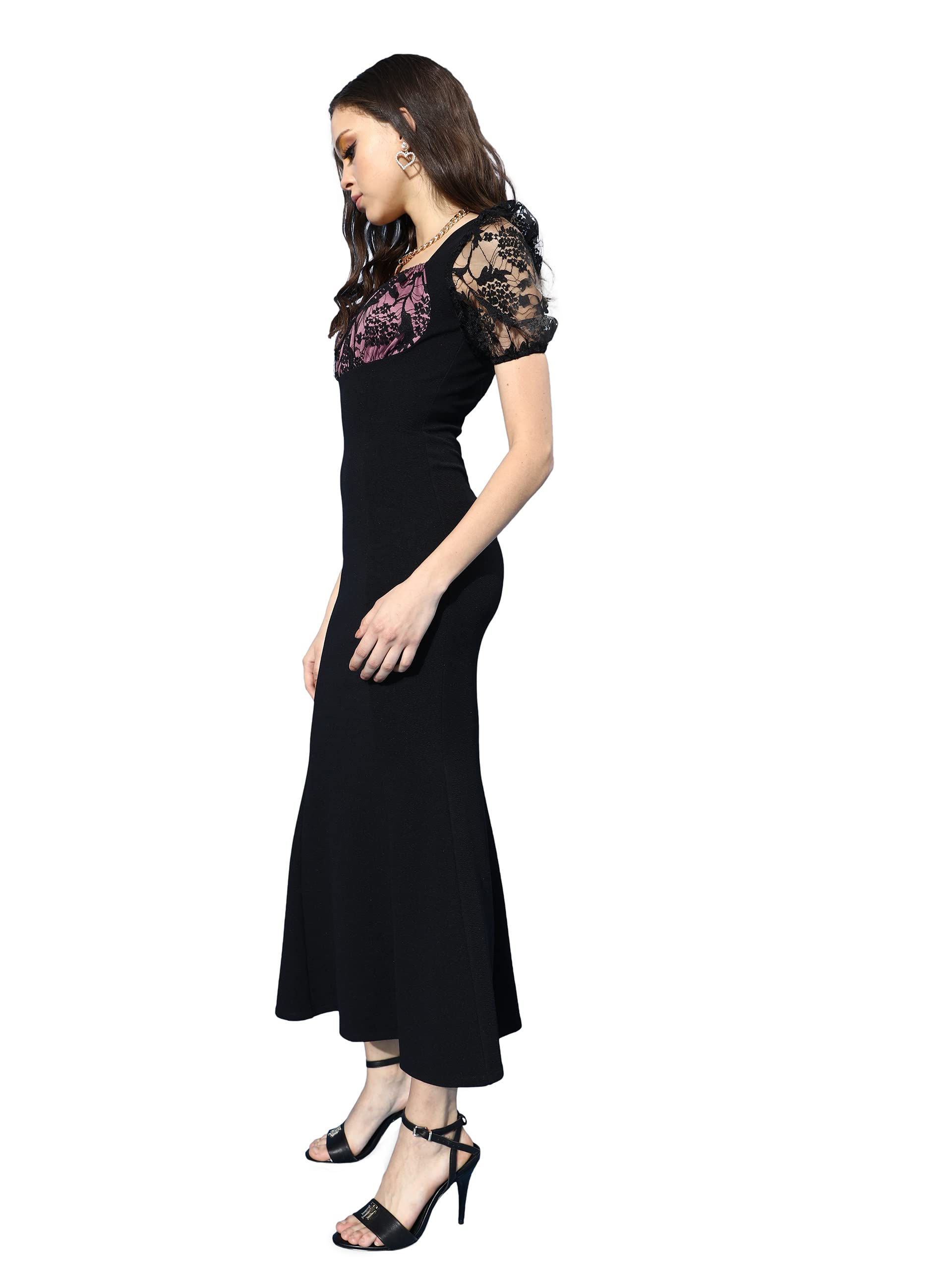 Miss Chase WomenS Black Square Puff Sleeve Solid Lace Overlaid Ankle Length Dress (Mcss22D13-48-62-07, Black, Xxl)