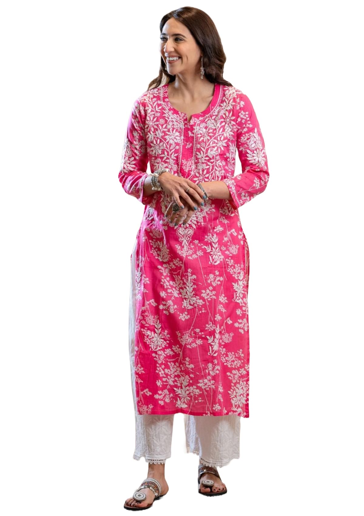 ANNI DESIGNER Womens Cotton Blend Chikankari Embroidered Straight Kurta (Zainab Pink-NW_S_Pink_Small)