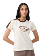 The Souled Store Disney: Slow Sunday Women and Girls Short Sleeves Round Neck Off White Graphic Printed Regular Fit Cotton T-Shi