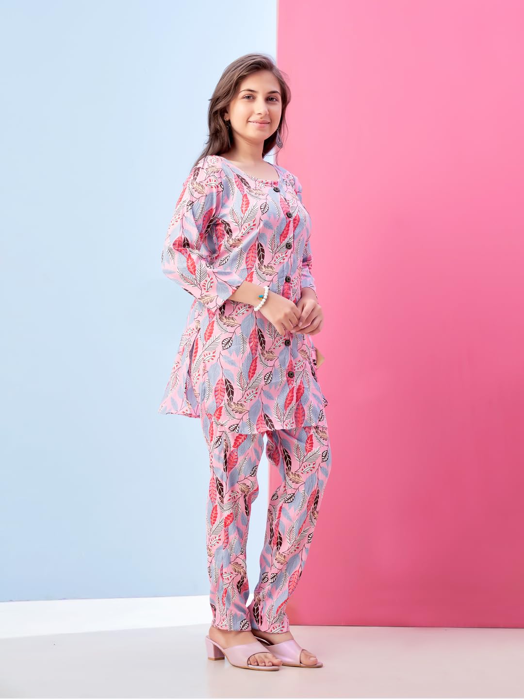 Aarika Girls Casual Wear Pink Colour Leaf Print Polyester Co-ord Set-8-15 Years (KP-TR-K-1060)