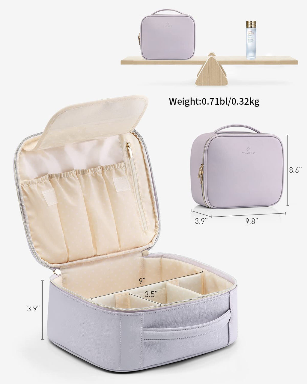 Vlando Makeup Bag Travel Cosmetics Bag Faux Leather Make up Bag Portable Artist Storage Bag with Adjustable Dividers for Cosmeti