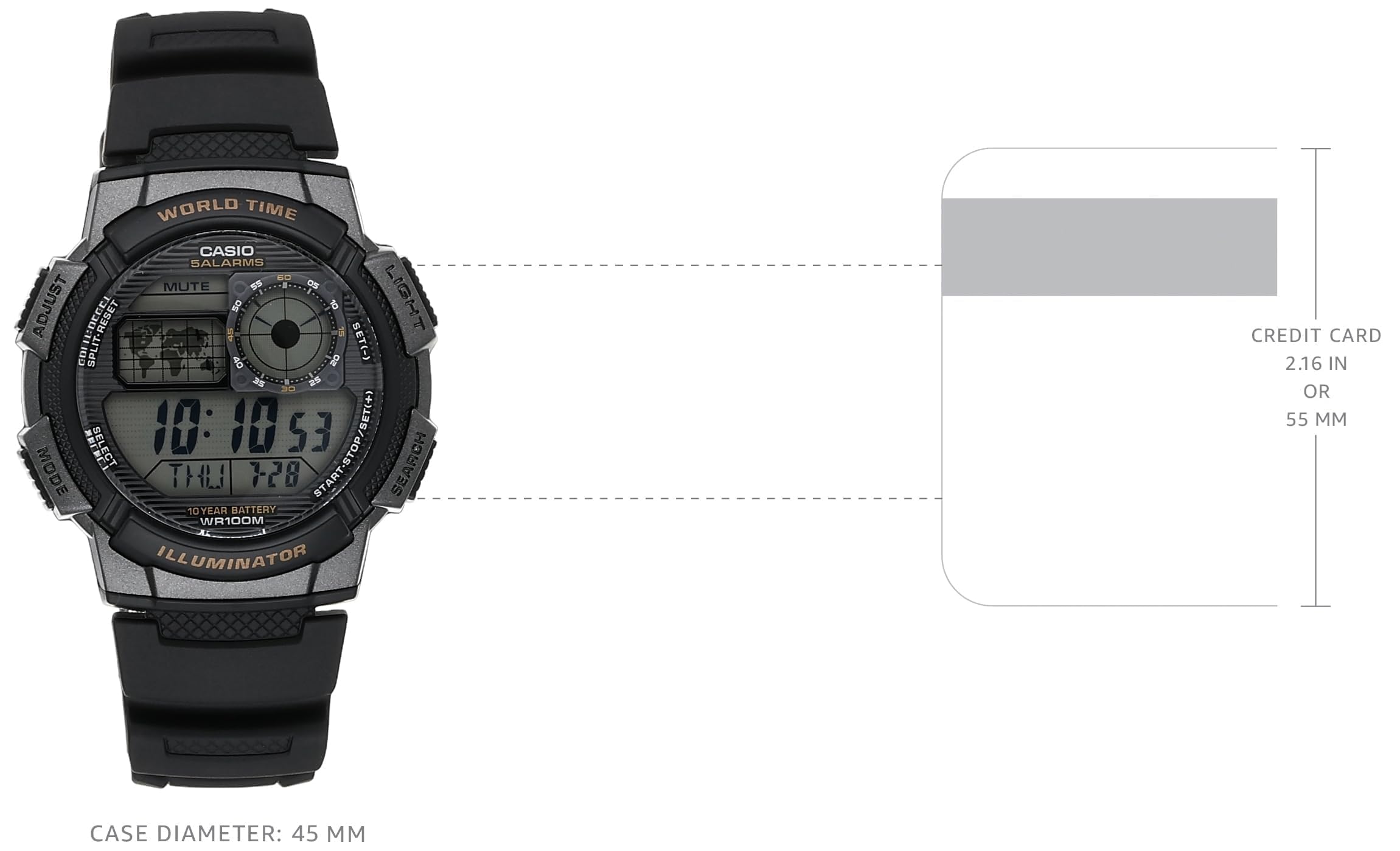 Casio AE1000W Series | Mens Digital Watch | Black | 100M WR | Multi Alarms | 100 SEC Stopwatch | Countdown Timer | World Map for