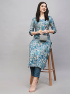 ANNI DESIGNER Ladies Cotton Blend Kurta & Trousers, Light Brown::Blue, L