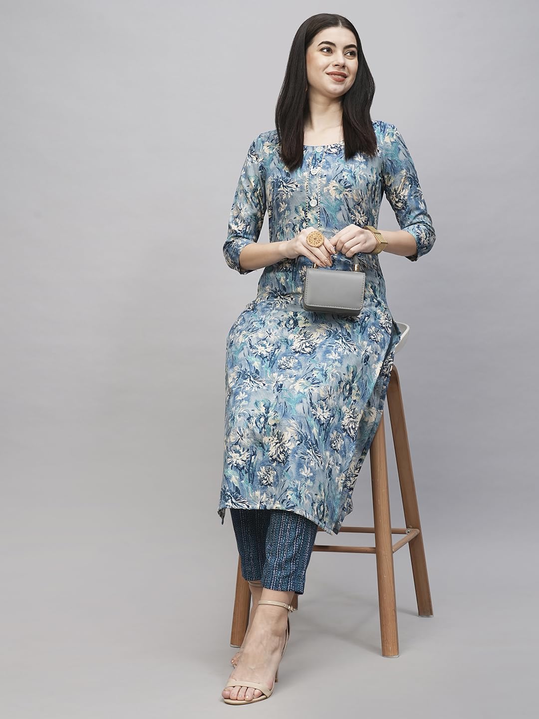 ANNI DESIGNER Ladies Cotton Blend Kurta & Trousers, Light Brown::Blue, L