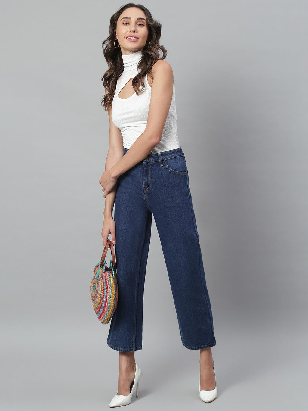 Kotty Womens Solid High Rise Cotton Lycra Blend Relaxed Fit Jeans
