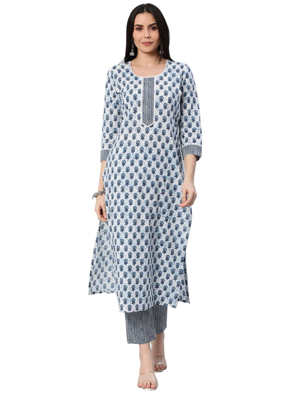 ANNI DESIGNER Womens Cotton Blend Straight Printed Kurta with Pant Set (Bitiya Blue_M_Blue_Medium)