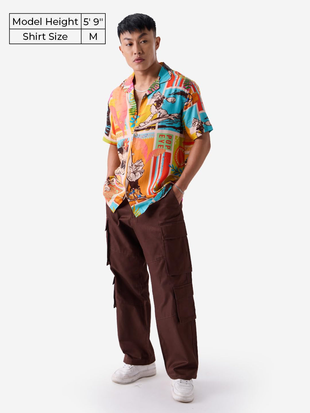 The Souled Store Official Popeye: Surfing Mens and Boys Loose fit Graphic Printed Half Sleeve Rayon Multicolored Summer Shirts S