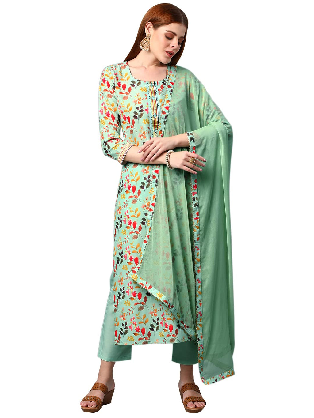ANNI DESIGNER Womens Rayon Blend Straight Printed Kurta with Pant & Dupatta (KALEPING-Pista_XL_Green_X-Large)