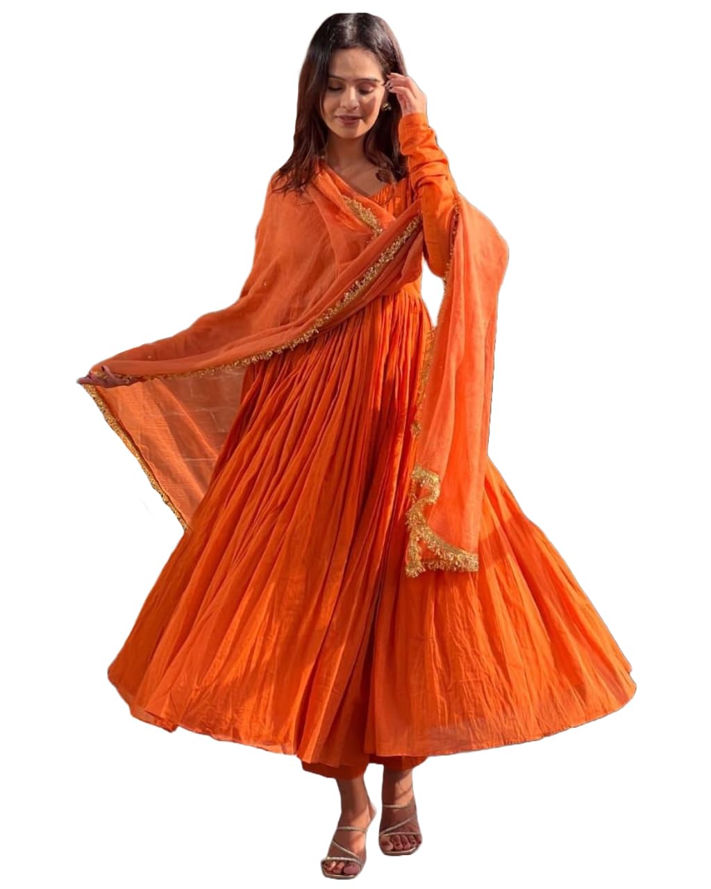 ANNI DESIGNER Womens Rayon Blend Anarkali Solid Kurta with Pant & Dupatta (Garbo Orange_3XL_Orange_XXX-Large)