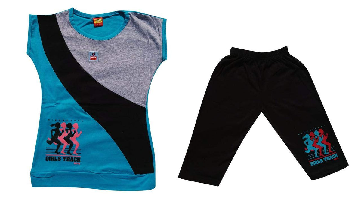 GMR Girls/Kids tShirt and 3/4th Pant Combo,Nightwear,Pyjama Set  Blue (3 Years) 3