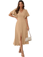 Shasmi Girls & Womens Skin Pleated Midi Dress with Flutter Sleeves | V-Neck Western Dress for Women | Elegant A-Line Summer Ou