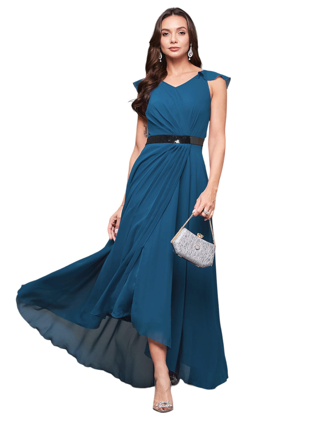 Miss Chase WomenS V-Neck Ruffled Sleeve Solid Embellished Maxi Dress With Pockets (Mcaw21D06-17-229-06, Royal Blue, Xl)