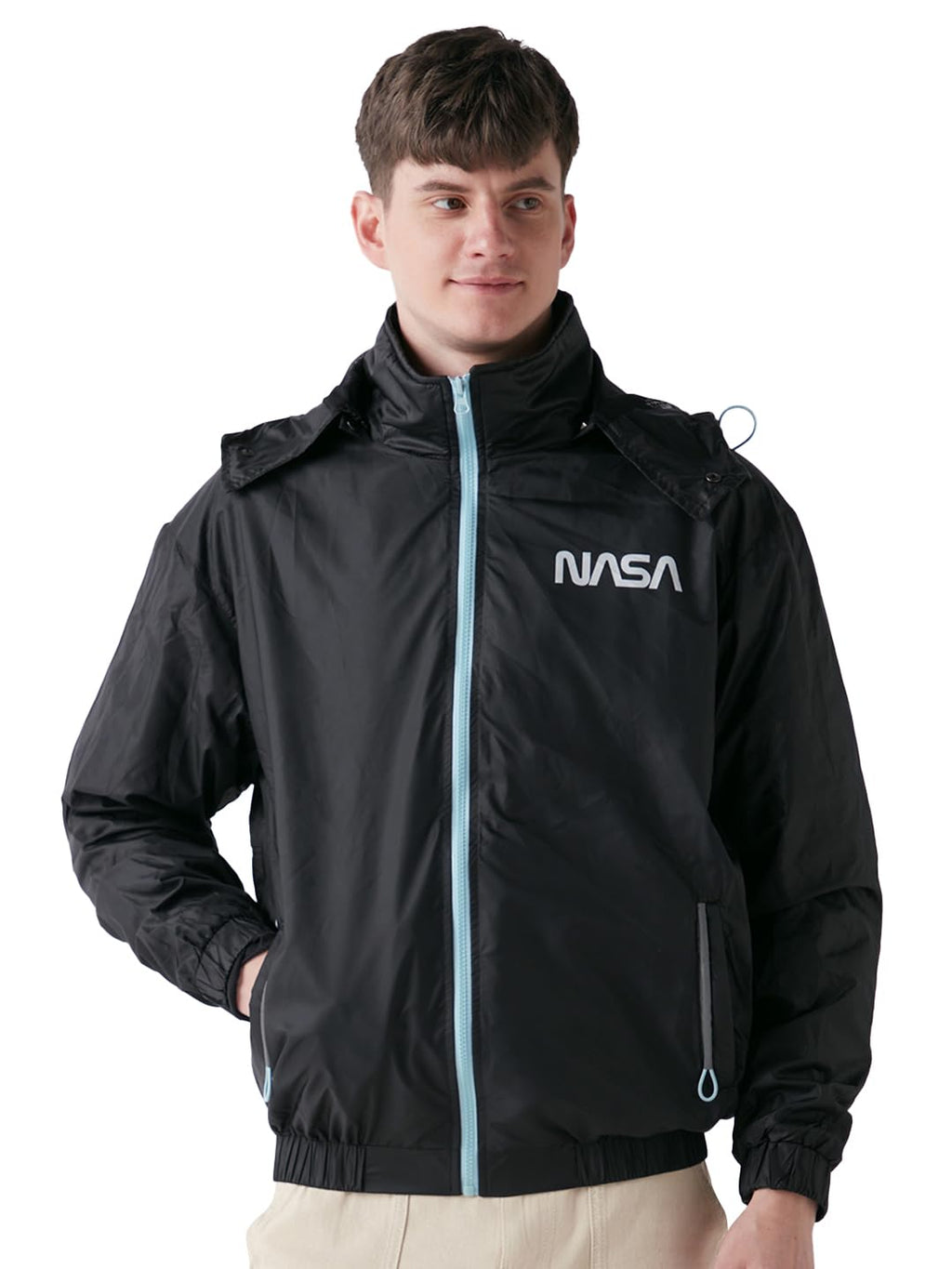 Bewakoof Official Nasa Merchandise Spaceman Mens Graphic Print Oversized Fit Full Sleeve Hooded Nylon Jacket_642557_Black_S
